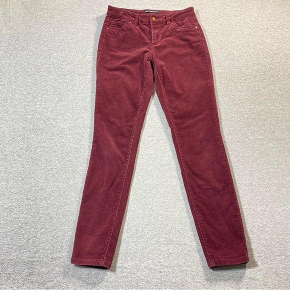 Poured in Blue Corduroy Pants Womens Sz 7 Maroon Low Rise Skinny Soft Casual - Picture 1 of 15
